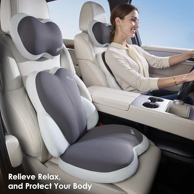 FLORICH 3 PCS Seat Cushion for Carseat Lumbar Support Pillow Car Neck Headrest Pillows Ultrathick Memory Foam Seat Pads Pressure Relief Back Cushion for Office Chair(Beige Grey)