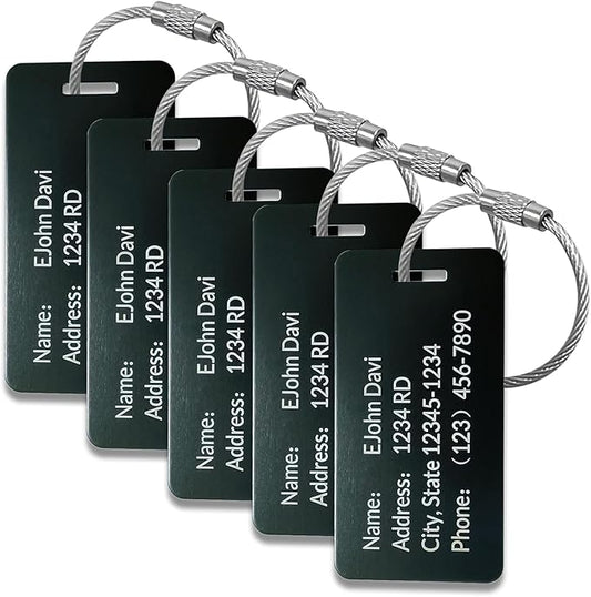 (5pcs) Made in USA Personalized Engraved Luggage tag-Custom Luggage Metal Tags for Unique Suitcase & Backpack Travel, Durable, Waterproof & Heavy Duty ((3.8×2) Black)