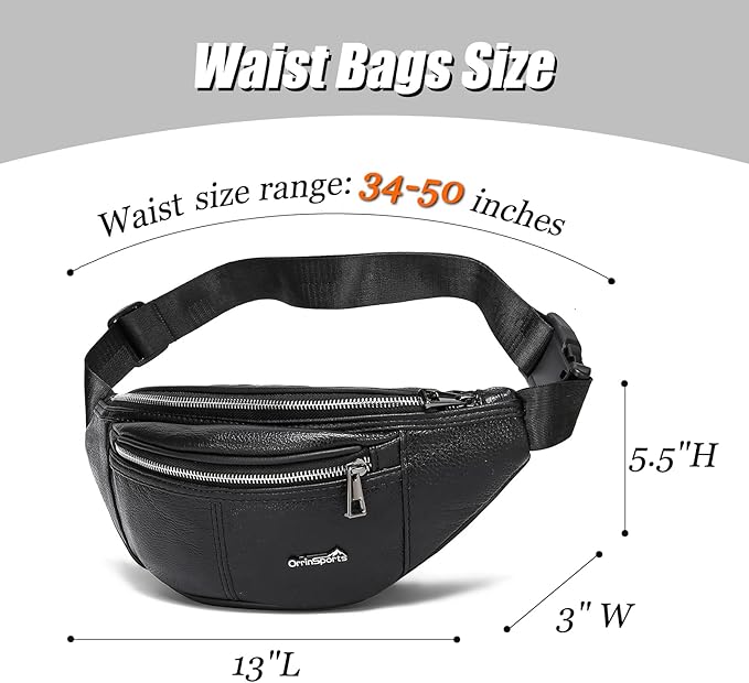 Black Fanny Pack for Men Genuine Leather Waist Bag Multiple Pockets Metal Zippers Belt Bag for Travel Hiking Cycling Fishing