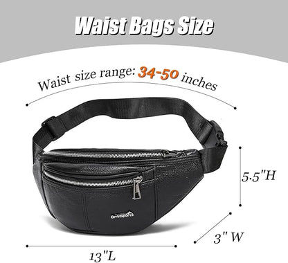 Black Fanny Pack for Men Genuine Leather Waist Bag Multiple Pockets Metal Zippers Belt Bag for Travel Hiking Cycling Fishing