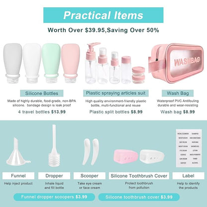 18 Pcs Travel Bottles for Toiletries Gym TSA Approved, Leak Proof with Bandage Silicone Squeezable 3oz for Toner Shampoo Conditioner Lotion Body Wash with Toothbrush Cover Tag and Wash Bag