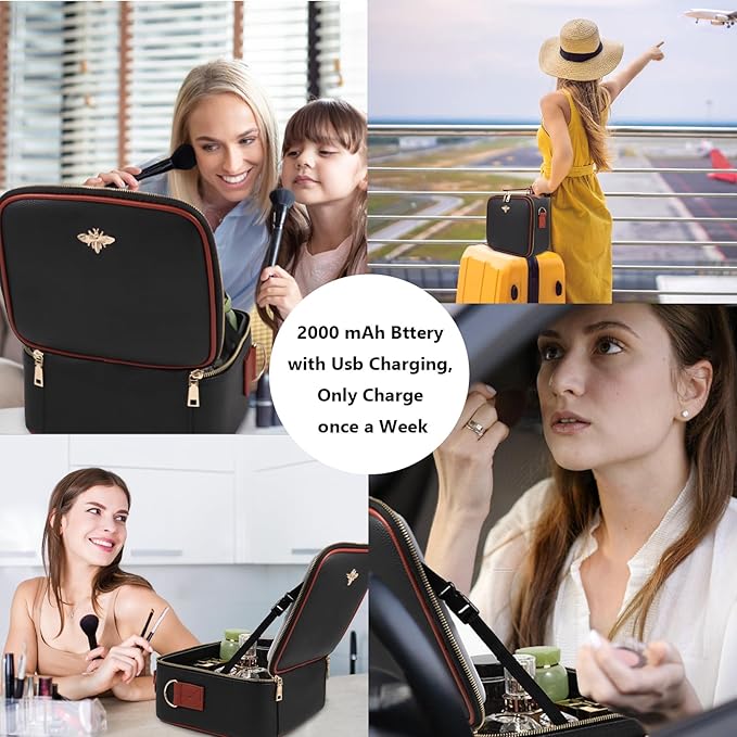 Travel Makeup Bag with Mirror of LED Lighted, Rechargeable Cosmetic Train Case Artist Makeup Organizer for Women with Adjustable Dividers, Makeup Brushes Holder and Strap (CosMirr-Black02)