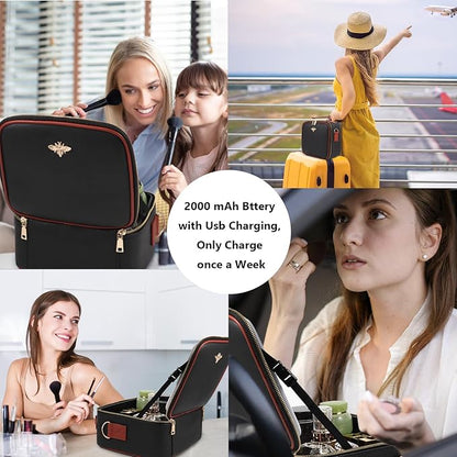 Travel Makeup Bag with Mirror of LED Lighted, Rechargeable Cosmetic Train Case Artist Makeup Organizer for Women with Adjustable Dividers, Makeup Brushes Holder and Strap (CosMirr-Black02)