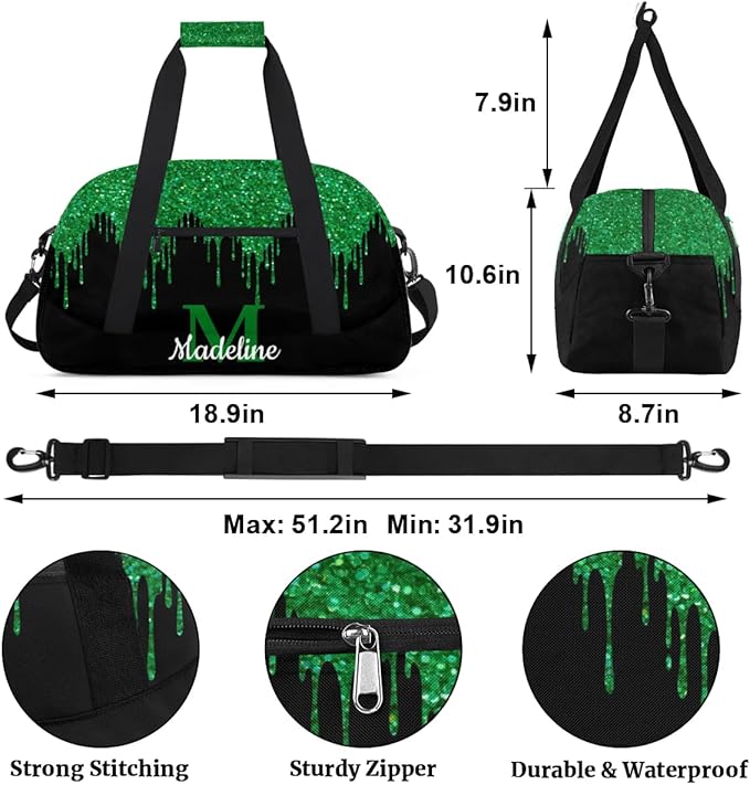 Personalized Kids Sports Duffel Bag with Name Custom Weekender Overnight Bag for Boys Girls Gym Bag Travel Dance Gymnastics Duffel Bag, Green Glitter