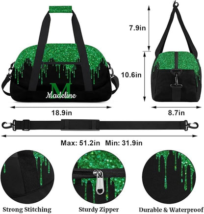 Personalized Kids Sports Duffel Bag with Name Custom Weekender Overnight Bag for Boys Girls Gym Bag Travel Dance Gymnastics Duffel Bag, Green Glitter