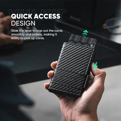 VULKIT Card Holder Bifold Pop Up Leather Wallet for Men RFID Blocking Metal Card Case, Holds 9 Cards and Banknotes Carbon Fiber Black