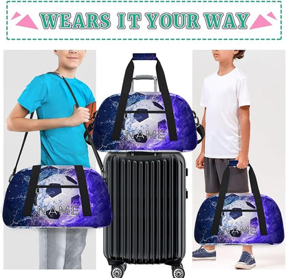 Personalized Kids Duffel Bag for Girls Boys Traveling Sport Soccer Ball Fire Small Sport Gym Bag Custom Overnight Weekender Tote Bag Carry on Teen Dance Bag for Gymnastic Ballet