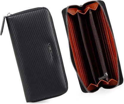 VISOUL Leather Long Zippered Pouch Wallet for Men with RFID Blocking Two-tone, Large Carbon Fiber Leather Clutch Cash Long Wallet with Zipper (Black+Orange)