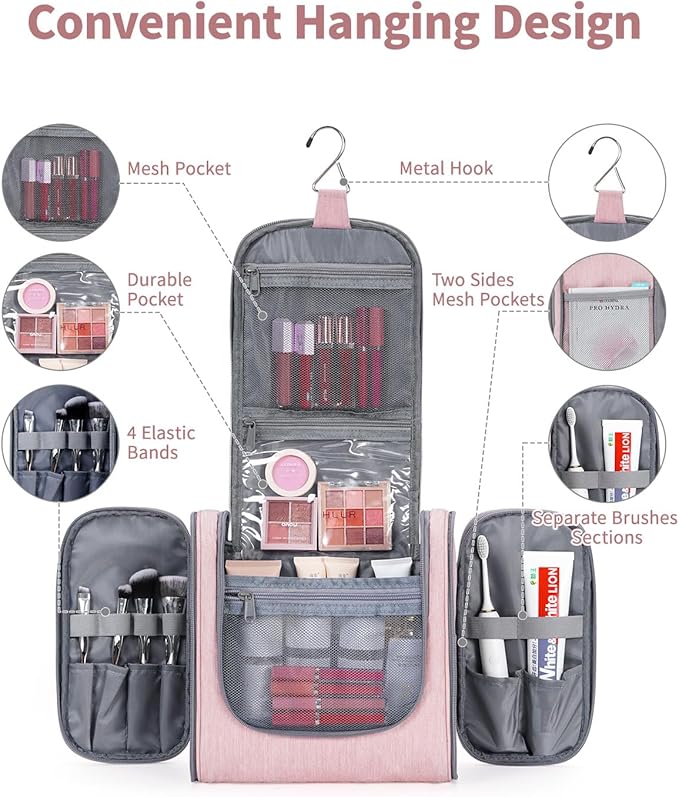 Narwey Hanging Toiletry Bag for Women Travel Makeup Bag Organizer Toiletries Bag for Cosmetics Essentials Accessories(Large, Pink)