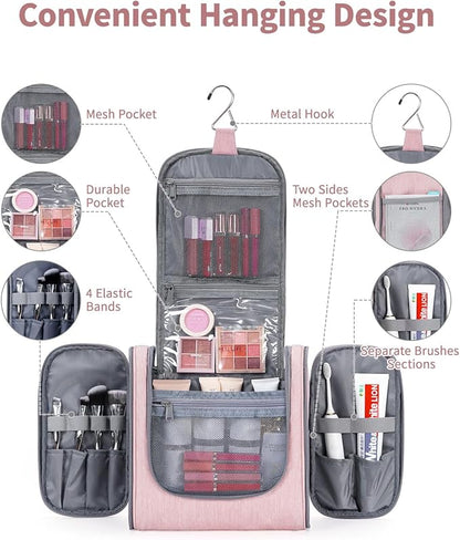 Narwey Hanging Toiletry Bag for Women Travel Makeup Bag Organizer Toiletries Bag for Cosmetics Essentials Accessories(Large, Pink)