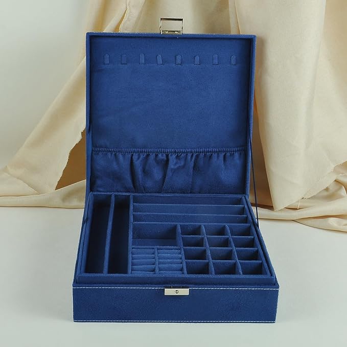 Jewelry Boxes 10 x 10 Inches 2-layer Handle Necklace Holder Organizer Jewellery Women Rings Storage Display Girls Earrings Case Lockable Jewelry Tray GY641 (Navy)