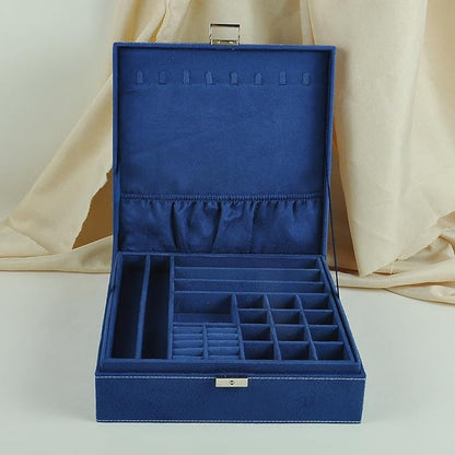 Jewelry Boxes 10 x 10 Inches 2-layer Handle Necklace Holder Organizer Jewellery Women Rings Storage Display Girls Earrings Case Lockable Jewelry Tray GY641 (Navy)