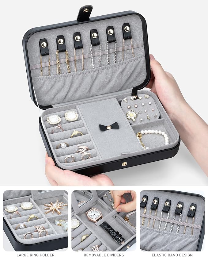 2-Layer Travel Jewelry Box for Women, Portable Jewelry Organizer with Mirror & Removable Dividers, PU Leather Jewelry Case Gift for Wife, Mom, Girlfriend (Black Grey)