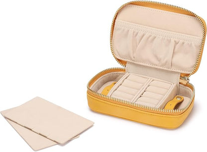 HISCOW Vegan Leather Travel Jewelry Case with Zipper - Portable Necklace & Earring Holder Organizer for Women Girls, Velvet-Lined Ring Box with Anti-Tarnish Design, Yellow