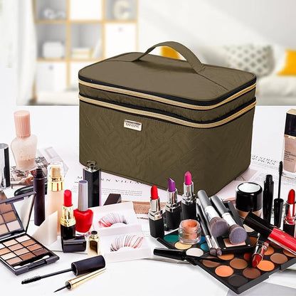 8.8L Double Layer Travel Makeup Bag With Mirror For Women, Large Cosmetic Case, Organizer for Travel-Size Accessories Bottles, Brushes,and Skin Care Products, 2.33 GAL, Brown…