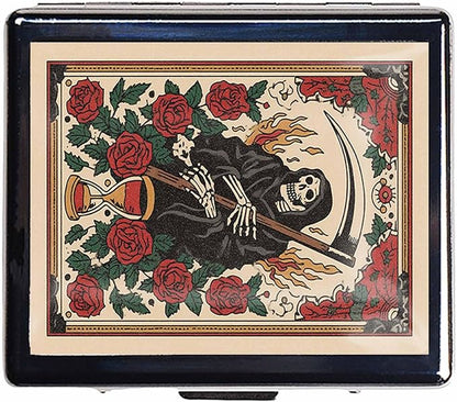 7 Days Chromed Shiny Silver Pill Organizer with Mirror Inside Has 8 Separate Compartments Rectangle,Versatile Storage for Medication - Ideal Travel Accessory (Sickle and Skull)