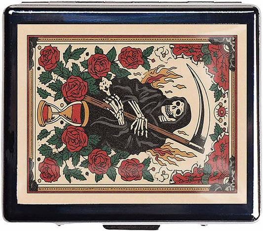 7 Days Chromed Shiny Silver Pill Organizer with Mirror Inside Has 8 Separate Compartments Rectangle,Versatile Storage for Medication - Ideal Travel Accessory (Sickle and Skull)