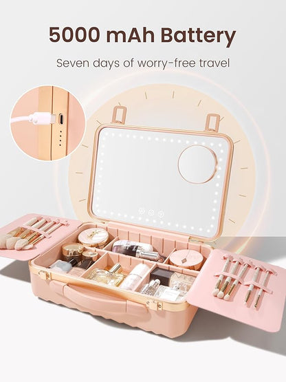 ROWNYEON Travel Makeup Case with Light-Up Mirror & Removable Divider - Portable Train Case Organizer for Girls, Makeup Artist & Hairstylist - 10x Mirror (Pink)