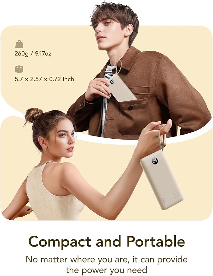 VRURC Portable Charger Power Bank,10000mAh Travel Essentials Battery Pack, 5 Outputs 2 Inputs Slim USB C Charging Bank Built-in Cables Cords for iPhone 17 16 15 13,Samsung,Android-Light Coffee(1 Pack)