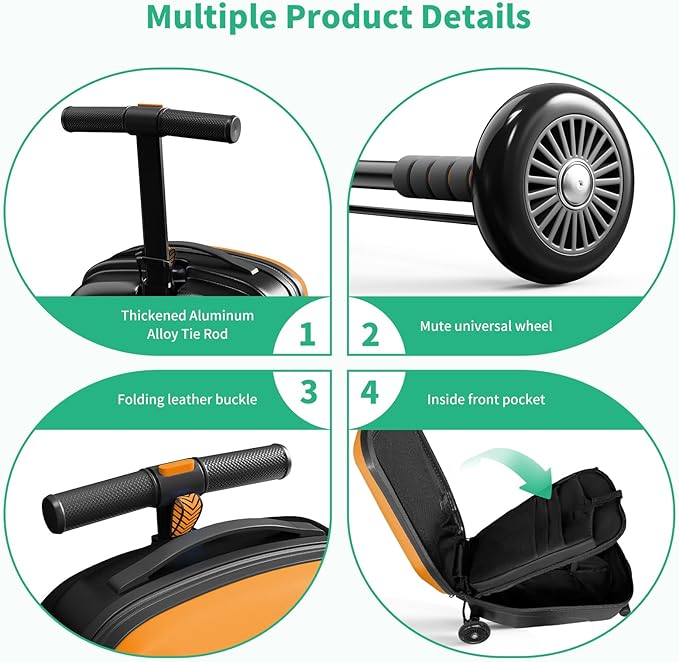 Scooter Hardshell Kids' Luggage, Foldable Carry on Kids Suitcase with Telescopic Handle for Travel, Multifunctional Ride On Lightweight Luggage with Wheels, Vitality Orange