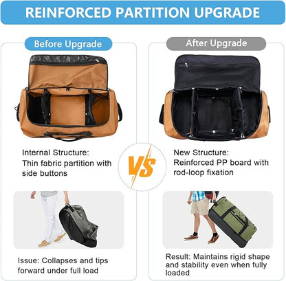 Vomgomfom Wheeled Collapsible Duffel Bag,110L-140L Expandable Checked Luggage, No-Telescopic-Handle with Anti-Burst Zipper & Reinforced Frame,Brown