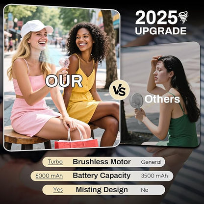 Misting Portable Handheld Fan, Powerful Turbo Motor, 6000mAh Rechargeable Battery, Personal Mini Fans with 4 Strong Wind, Cooling Gadgets for Travel, Camping, Beach, Outdoor, Gifts for Women Men-Pink