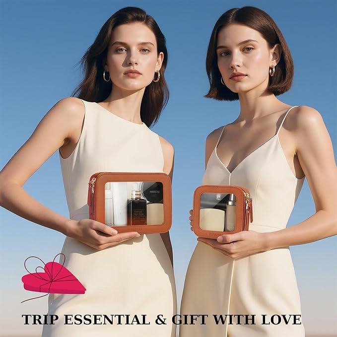 Clear Makeup Bag, Travel Toiletry Bag Cosmetic Case for Women, Waterproof Portable Make Up Skincare Pouch with Zipper, Compact Car Organizer Bag for Essentials, Mini & Medium, Brown