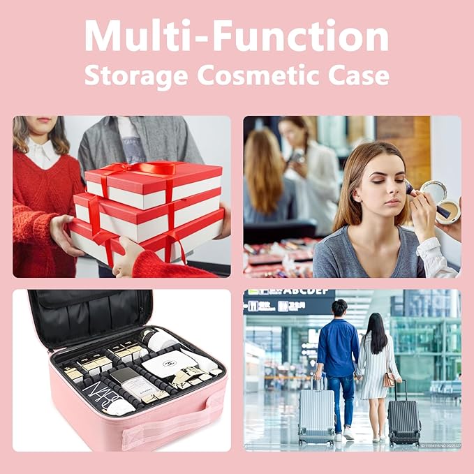 Travel Makeup Case 5 Layers Portable Makeup Train Case Cosmetic Bag Organizer Storage for Women with Adjustable Dividers and Shoulder Strap for Toiletry Travel Accessories(pink)