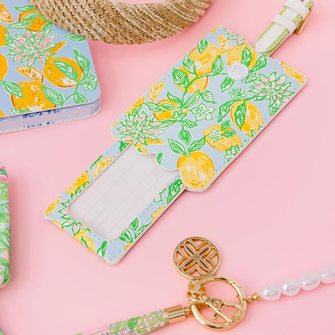 Lilly Pulitzer Leatherette Luggage Tag with Secure Strap, Colorful Suitcase Identifier for Travel, Make Lemonade