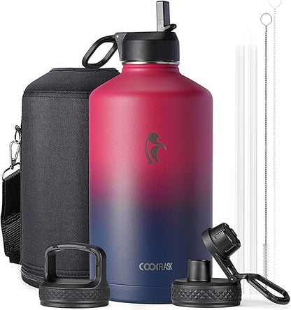 Coolflask 128 oz Gallon Water Bottle Insulated with Straw&3 Lids, Water Jug Large Stainless Steel Metal Vacuum Wide Mouth for Sports, Gym or Office, Non-BPA Keep Cold 48H Hot 24H, Ombre Wine/Navy