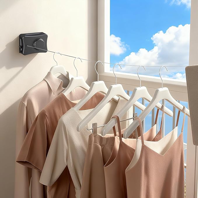 Retractable Clothesline for Outdoor & Indoor Use, 16.73 Ft Heavy Duty Retracting Clothes Line with Single Stainless Steel Rope - Laundry Drying Rack for Bathroom, Outside Areas (Black)