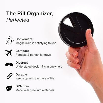 Travel RX Pill Case by Type Two Labs – Weekly 7 Day Pill Box, Compact Magnetic Pill Organizer for Purses or Pockets, Rugged Daily Caddy Holds Vitamins, Supplements, Medication. (Stealthy Black)