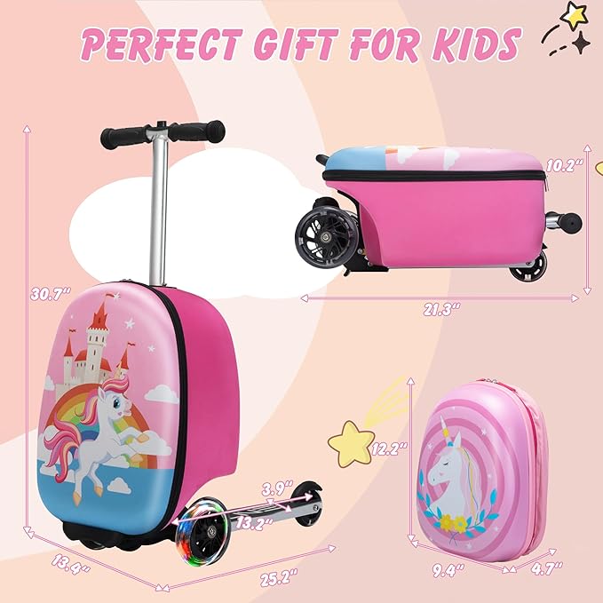 VLIVE Kids Scooter Luggage with Backpack 2-in-1 Set, 30L Ride-On Suitcase + 10L Backpack, Durable EVA Material, Lightweight Foldable, Wheels for Girls Aged 4-8, Unicorn Design