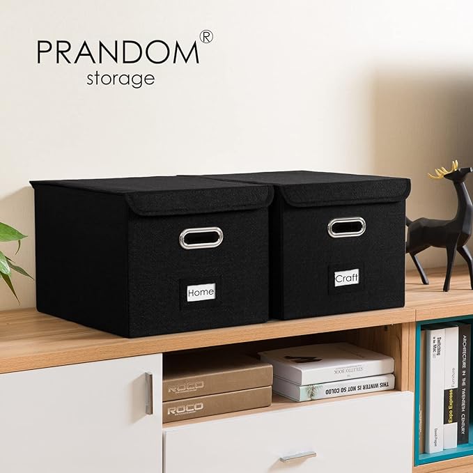 PRANDOM File Organizer Box - Set of 2 Collapsible Decorative Linen Filing Storage Hanging File Folders with Lids Office Cabinet Letter Size Black (15x12.2x10.75 inch)