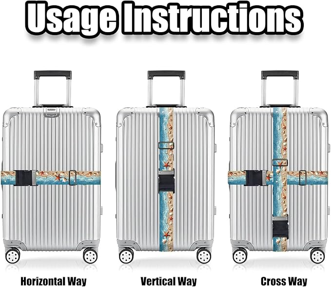 Nuxovilar Luggage Straps of 2 Set Beach Shells Starfish Pattern, 1.96x90.5 inches - Luggage Straps for Suitcases, Perfect for Beach Trips, Summer Travel, Vacations