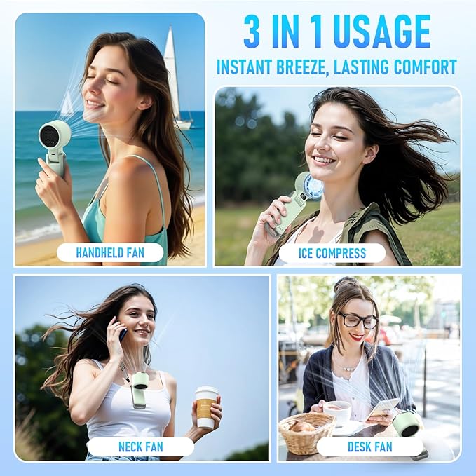 Portable Handheld Turbo Fan with Ice Cooling, Rechargeable Personal Fan, Up tp 12Hrs Cooling, 5 Speed 25550RPM Powerful Portable Fan for Travel, Outdoor, Camping, Hiking (Green)