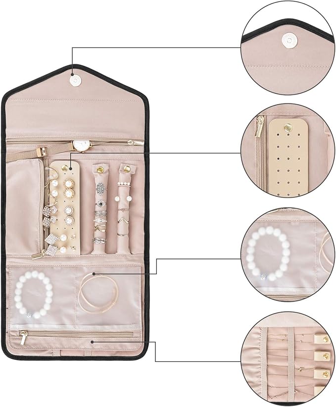 BAGSMART Travel Jewelry Organizer Roll Foldable Jewelry Case for Journey-Rings, Necklaces, Bracelets, Earrings, Black