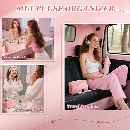 Monogrammed Make Up Bags for Women,Personalized Cosmetic Bags Women,Small Quilted Makeup Pouch,Cute Makeup Bag Travel,Birthday Gifts for Teen Girl (Pink L)