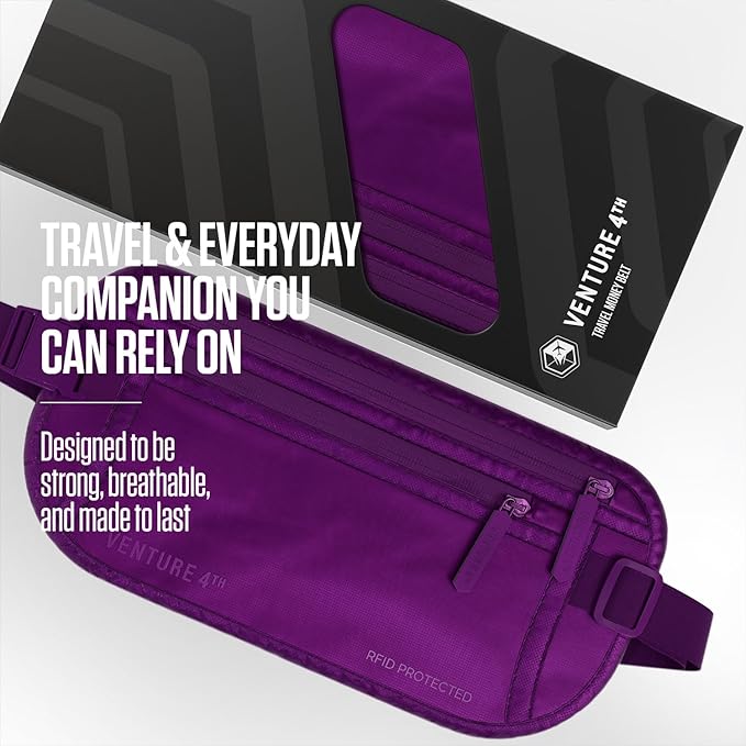 Travel Money Belt, RFID Blocking for Men & Women - Ideal for Keeping Your Cash, Credit Card, Passport, Phone Safe When Traveling (Sleek Purple)
