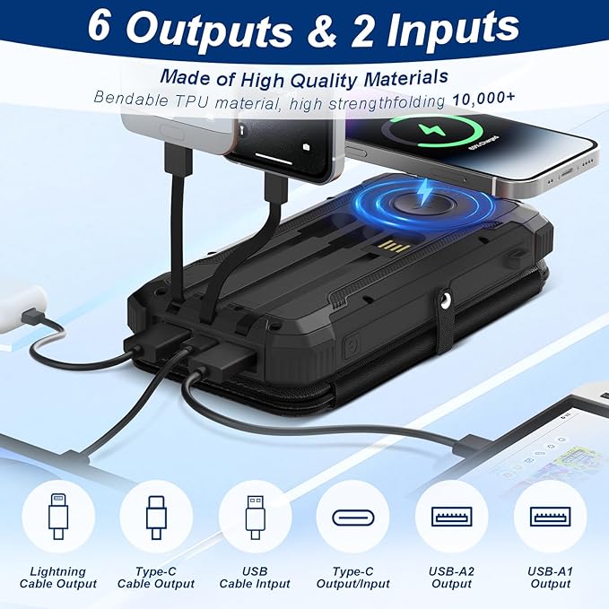 Portable Charger 20000mAh Solar Power Bank Built-in 3 Cables and Wireless Charging Battery Pack Compatible for iPhone, Samsung, IPX5 Waterproof, Bright Flashlight Perfect for Camping, Hiking, Outdoor