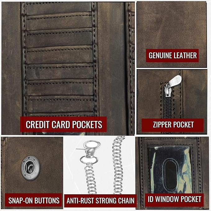 IBRO VINTAGE Motorcycle Chain Wallet for Men – Premium Cowhide Leather, RFID Tri-Fold Biker Wallet with Heavy Duty Chain for Bikers Truckers & Hunters, Credit Card Money Organizer Long Wallet