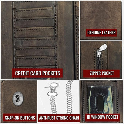 IBRO VINTAGE Motorcycle Chain Wallet for Men – Premium Cowhide Leather, RFID Tri-Fold Biker Wallet with Heavy Duty Chain for Bikers Truckers & Hunters, Credit Card Money Organizer Long Wallet