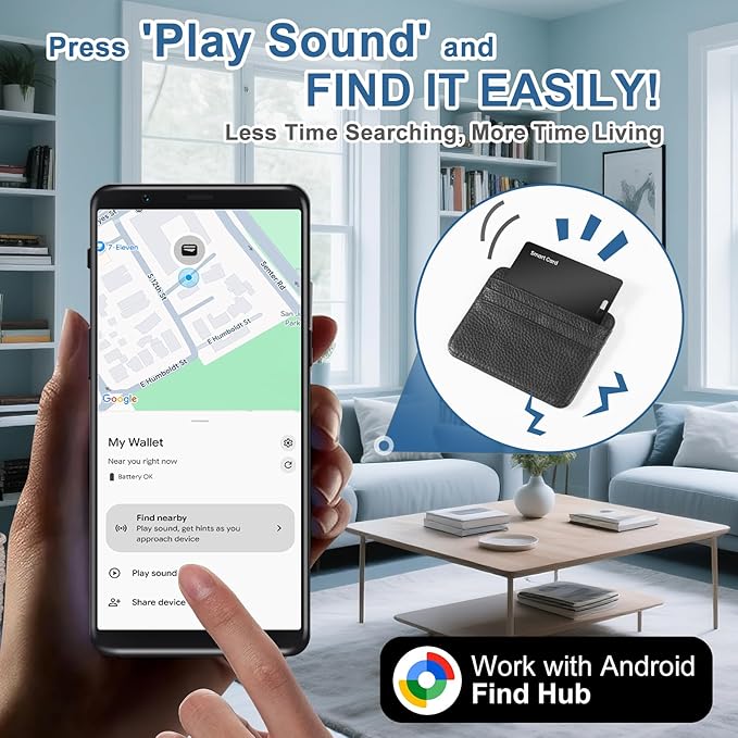 1-Pack Tracker Card for Android - Works with Google Find Hub/My Device Compatible, Ultra-Thin Wireless Charging Bluetooth Locator with Keyring Hole for Keys, Wallets, Pets, Bags & Luggages