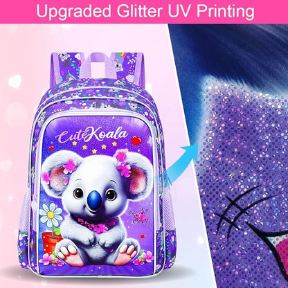 WZLVO 3PCS Backpack for Girls, 16" Kids Koala Preschool Bookbag with Lunch Box，Cute Animal Water Resistant School Backpacks Set for Elementary Kindergarten