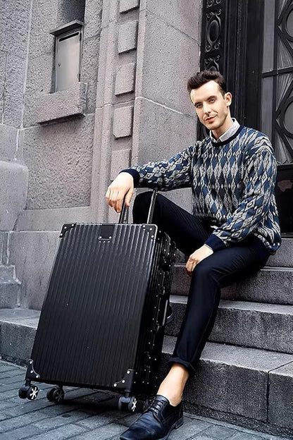 HotWay 28 Inch All Aluminum Checked in Luggage, Hard Shell Suitcase with Spinner Wheels and TSA Lock, Large Silver Suitcase for Travel, Black