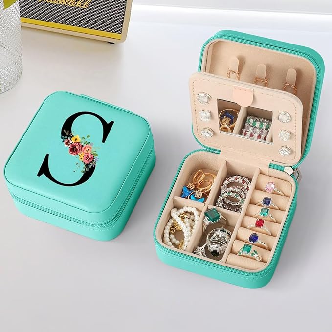 Parima Travel Jewelry Box Jewelry Case - Blue Jewelry Organizer with Mirror Gifts for Women Her Friends Female Birthday Gifts Initial Personalized Jewelry Box for Her - Letter S, Blue