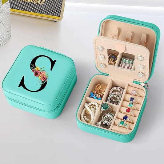Parima Travel Jewelry Box Jewelry Case - Blue Jewelry Organizer with Mirror Gifts for Women Her Friends Female Birthday Gifts Initial Personalized Jewelry Box for Her - Letter S, Blue