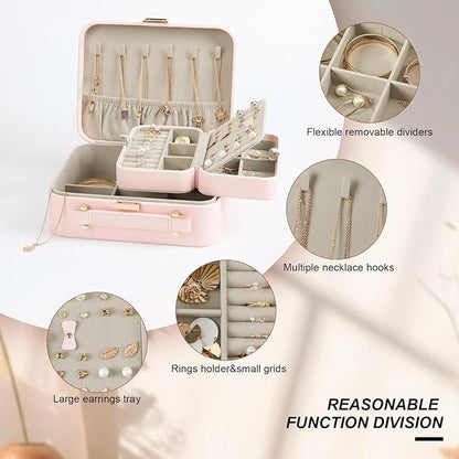Large Jewelry Travel Organizer, Large Travel Jewelry Box with Removable Jewelry Tray, 2-Layer Jewelry Boxes for Women, Pink