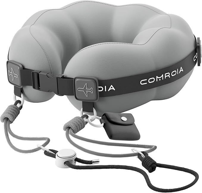 Travel Neck Pillow for Airplane, Super Soft Neck Support Travel Pillow - Lightweight and Stylish Convertible Style - Ergonomic Design for Long Flights, Car, Train & Office Use (Grey)
