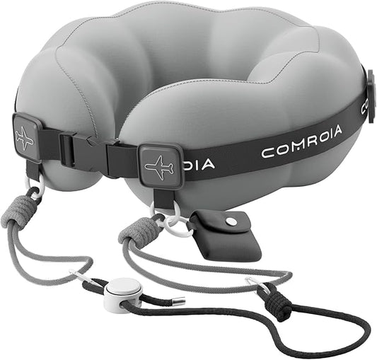 Travel Neck Pillow for Airplane, Super Soft Neck Support Travel Pillow - Lightweight and Stylish Convertible Style - Ergonomic Design for Long Flights, Car, Train & Office Use (Grey)